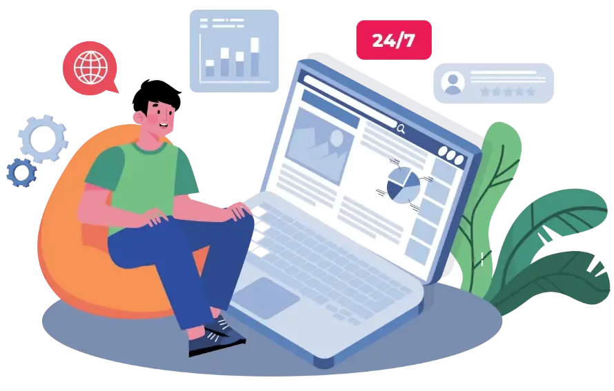 Illustration of a person working on a laptop with charts and analytics, representing the 24/7 financial support provided by dedicated small business accountants at Asmat & Co Accountants.
