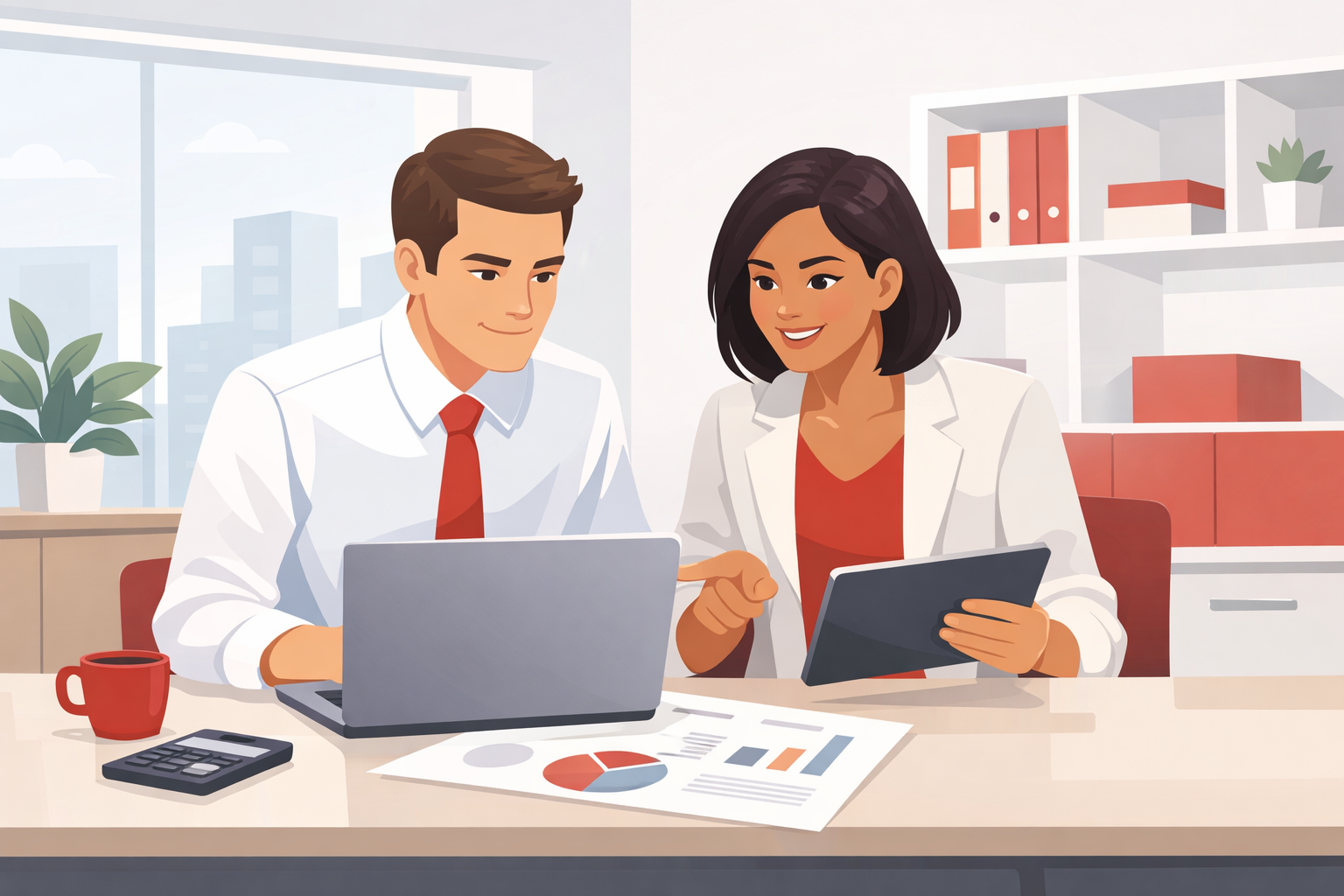 Trusted UK accountant guiding a client through financial data at a desk